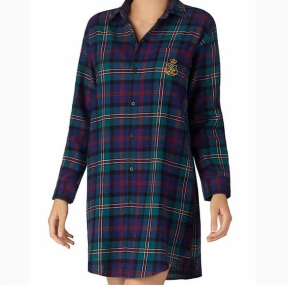 Ralph Lauren Navy Plaid Flannel dress blouse or Pajamas XL